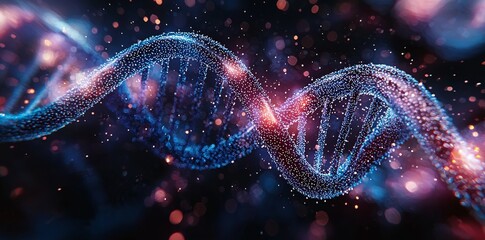 A close-up of a DNA strand in a state-of-the-art genetic lab. Scientists utilize CRISPR technology to edit genes, propelling advancements in biotechnology and genomic research