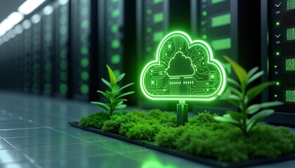 Eco-friendly cloud computing concept. Green energy icons on data centers. Modern tech solution for sustainable business. Illustrative image shows server rooms with glowing cloud symbol. Plants, moss