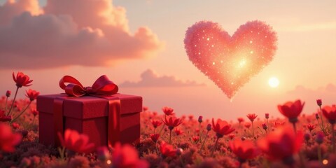 Romantic Gift in a Field of Blossoms with a Heart Shaped Cloud at Sunset