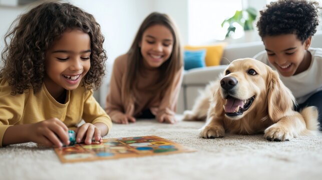 A family of three children and a dog playing together on a carpet. The children are playing a board game while the dog lays on the floor. Scene is happy and playful - Powered by Adobe