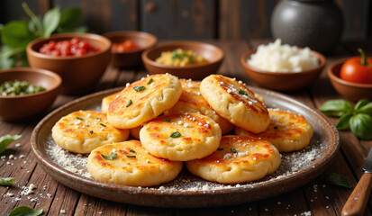 Delicious corncakes with herbs on rustic wooden table