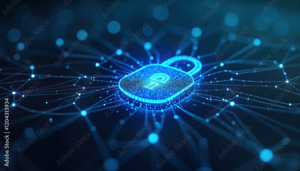 Aufkleber Digital padlock glows vibrant blue on dark tech background. Network connections surround futuristic padlock. Cyber security concept for data protection, privacy in network system. Illustration