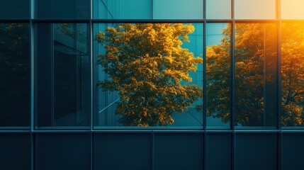 Abstract view of illuminated tree inside modern glass building	