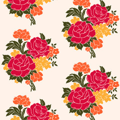 Rose Magnolia Peony Camellia Carnation Bouquet Seamless Vector Pattern, Modern Victorian Style for Valentine, Mother's Day, Anniversary