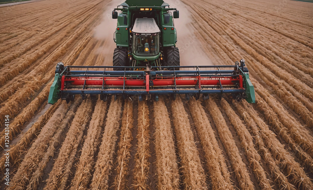 Aufkleber A green tractor is driving through a field of grain. The tractor is pulling a combine harvester behind it. The combine harvester is cutting the grain and collecting it in a bin
