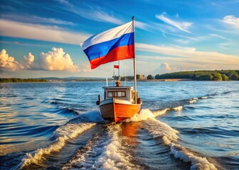 Fototapeta premium A patriotic Russian flag adorns a sailing vessel captured in a candid summer sea shot.