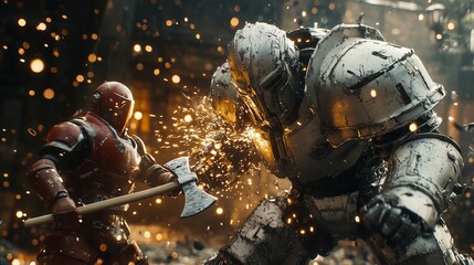 Human using an axe to break a robot's armor, sparks and pieces flying, action-packed moment with a dark background.