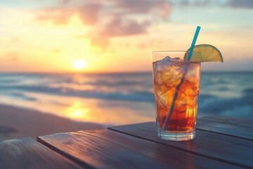 Cocktail in a glass glass, with a straw, on a wooden table, beach shore, sunset. the text. Vacation. Resort. With a place for the text