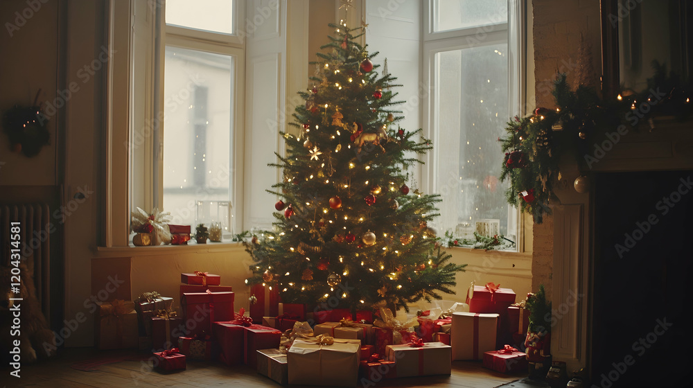 Wall mural Festive Christmas tree surrounded by gifts and decorations