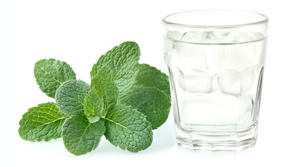 glass of vodka with ice cubes and mint isolated on white background	