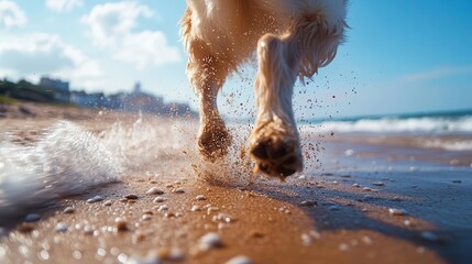 Dog running on beach, close-up of paws kicking up sand, ocean waves in the background