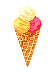 Delicious ice cream in cartoon style. Vector illustration of colored ice cream balls in a waffle cone with different berry, fruit, creamy flavors isolated on white background. Refreshing dessert.