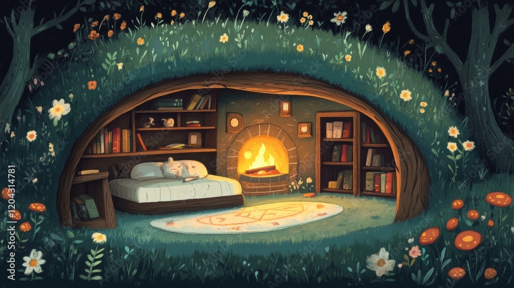 Aufkleber cozy woodland hideaway with a warm fireplace and serene sleeping area surrounded by nature elements.