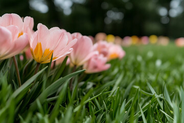 Pink and white tulips in spring.