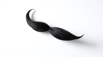 A black mustache moustache set against a plain white background, highlighting its bold and classic appearance.