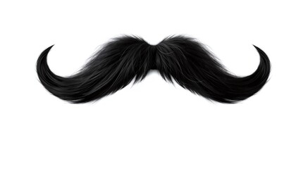 A black mustache moustache set against a plain white background, highlighting its bold and classic appearance.