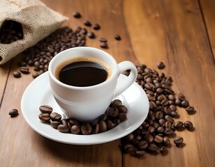 Obraz premium Espresso Cup on Wood: Dark Roast Coffee Beans and Rustic Charm