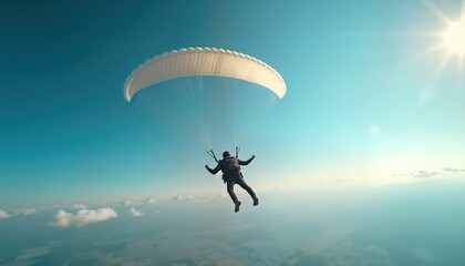 Skydiver glides freely in clear sky. Person wears protective gear, large parachute. Terrain visible below. Aerial view shows beautiful expanse of land, clouds. Sky vibrant blue. Thrilling extreme