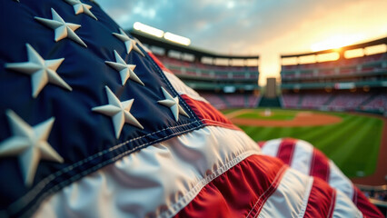 American Flag Billowing with Proud Curves, Baseball Stadium and Sunrays Behind