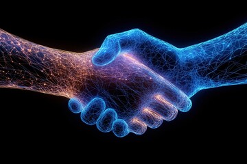 Digital handshake visualized in bright blue and orange light, symbolizing connection and innovation in technology