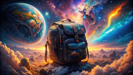 A surreal world map backpack ignites adventurous spirits.  Fantasy awaits; pack your magic and go.