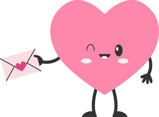 Cartoon heart character with face, hands and feet.  Love symbol with letter . Vector illustration.
