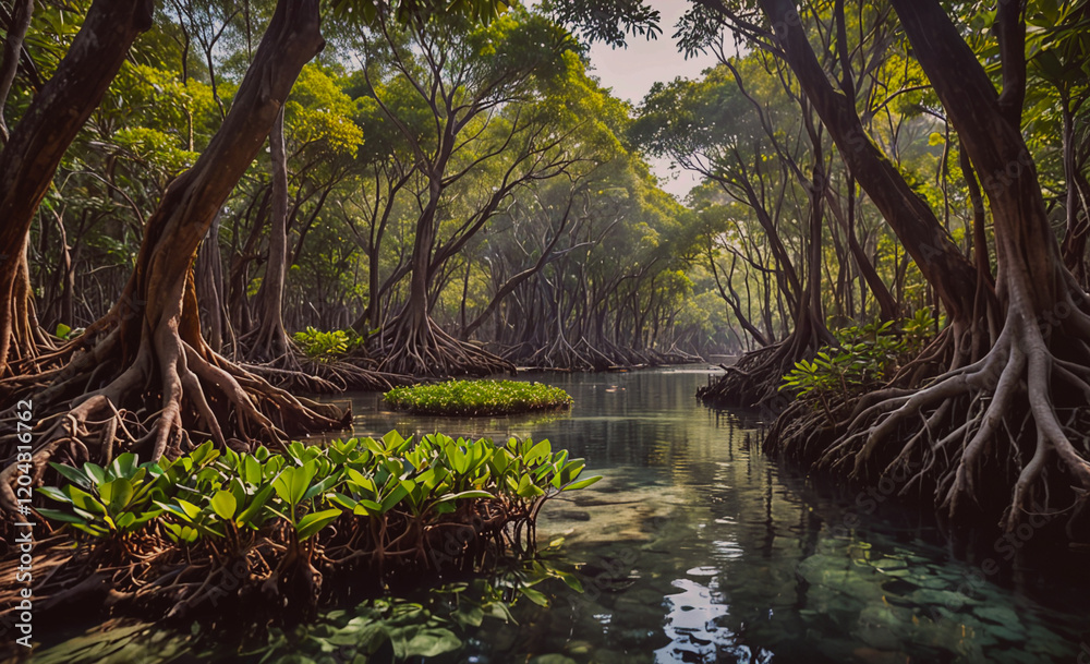Poster A lush green forest with a river running through it. The water is clear and calm. The trees are tall and have large roots that extend into the water. The scene is peaceful and serene, with the sound