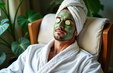 Man relaxes at home with facial mask, cucumber slices on eyes. Wears bathrobe, towel turban. In comfortable armchair. Home spa day. Relaxation, skin care concept. Man enjoying home spa treatment.