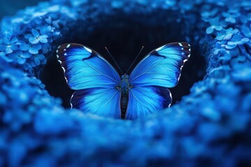 A vivid blue butterfly emerging from a narrow cocoon.