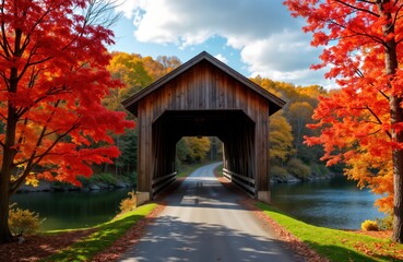 Autumnal covered wooden bridge leads through vibrant forest. Colorful foliage surrounds a calm lake. Sunlit path stretches ahead. Peaceful countryside scene. Tranquil autumn landscape.