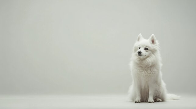 The white dog, with its cheerful yet composed expression, is framed by a clean, simple background, creating a strikingly elegant and minimalistic visual.