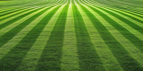 An expansive view of a perfectly manicured lawn featuring alternating light and dark green stripes that extend into the distance