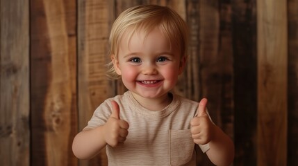 A cheerful young child with blonde hair beams brightly, giving two enthusiastic thumbs up while standing against a rustic wooden background.