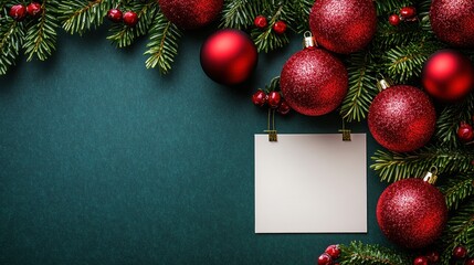 Obraz premium Christmas Festive Background: Red Ornaments, Fir Branches, and Blank Card on Teal