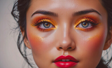 A woman with orange and yellow eye makeup and red lips. The makeup is bold and striking, giving the woman a confident and glamorous appearance
