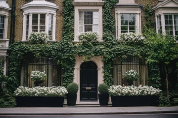 Fototapeta premium Beautiful townhouse facade adorned with lush greenery and blooming white flowers on a charming street in an urban setting