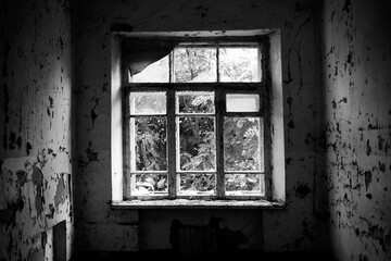 old abandoned premises, ruin. empty territories, abandoned houses. concept of war, Chernobyl disaster, apocalypse. brick buildings. sad view, heavy atmosphere. desolation and destruction of the abode