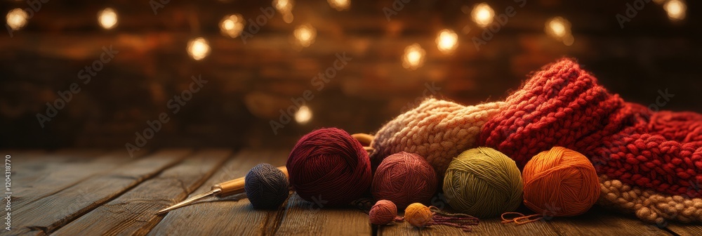 Aufkleber Colorful yarn and knitting needles on a wooden table create a cozy crafting atmosphere with soft lights in the background. Generative AI