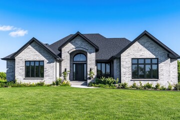 Beautiful modern home with brick exterior surrounded by lush green lawn on a clear sunny day in a residential neighborhood