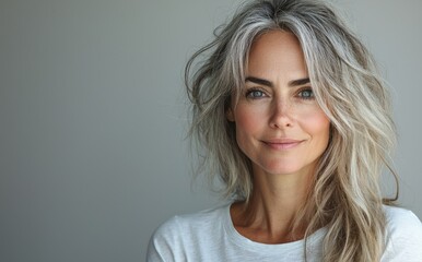 Fototapeta premium A woman with short, silver hair grins at the camera. She is dressed in a white t-shirt and positioned in front of a plain white backdrop