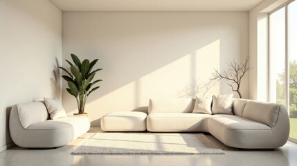 Serene Minimalist Living Room with Modern Sofa and Natural Decor