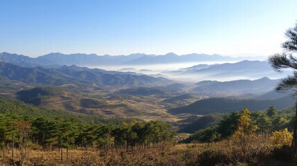 Stunning view of mountain valleys and hills under a clear blue sky at morning light. Generative AI