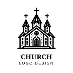 Black and white gothic church logo design featuring cross, detailed vector artwork for branding, religious organizations, architecture, and graphic art projects.
