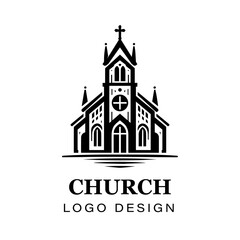 Black and white gothic church logo design featuring cross, detailed vector artwork for branding, religious organizations, architecture, and graphic art projects.
