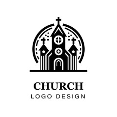 Black and white gothic church logo design featuring cross, detailed vector artwork for branding, religious organizations, architecture, and graphic art projects.
