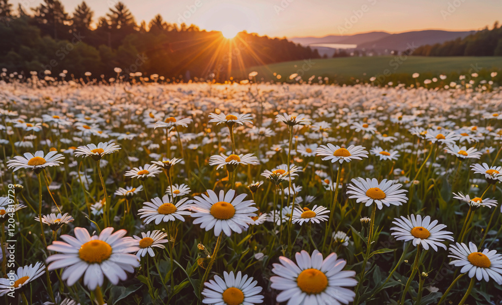 Poster a field of white daisies with the sun shining on them. the sun is in the background and the field is