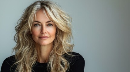 A poised elderly woman, her striking blonde hair and warm smile conveying confidence and beauty. Soft lighting bathes her elegant features and gentle expression in a warm glow