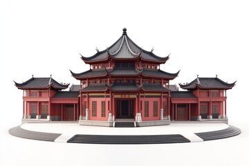 3D new Chinese style building complex on a round chassis, several Chinese commercial buildings with red walls and black tiles