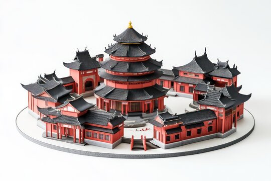3D new Chinese style building complex on a round chassis, several Chinese commercial buildings with red walls and black tiles