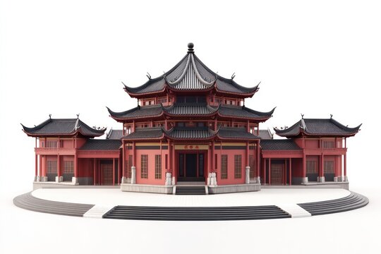 3D new Chinese style building complex on a round chassis, several Chinese commercial buildings with red walls and black tiles